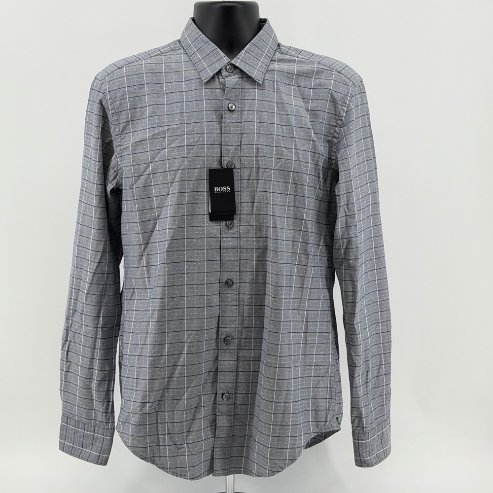NEW BOSS Hugo Boss Slim Fit Shirt Mens M Grid Micro Dot Long Sleeve Casual NWT
